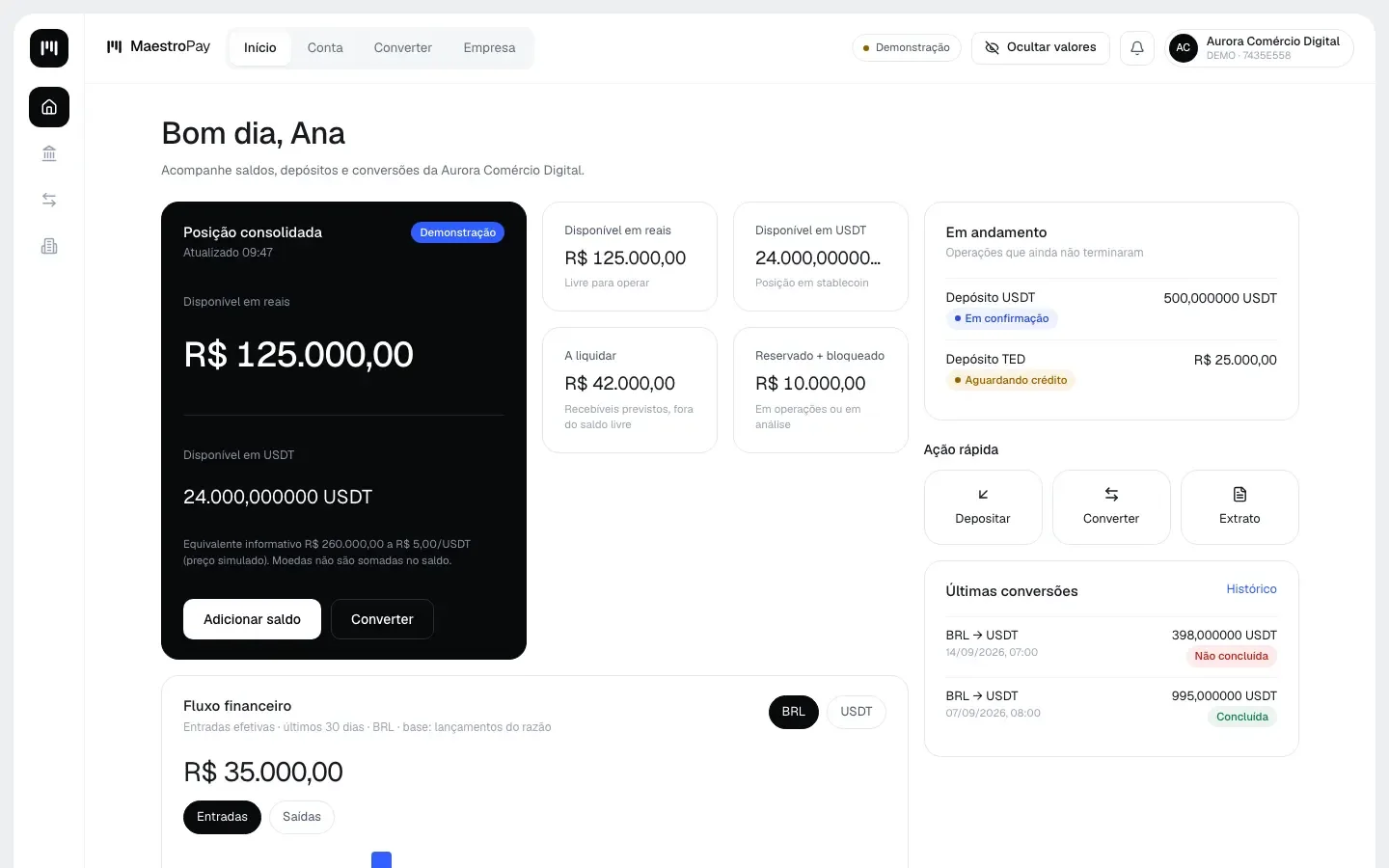 MaestroPay — posição consolidada em BRL e USDT