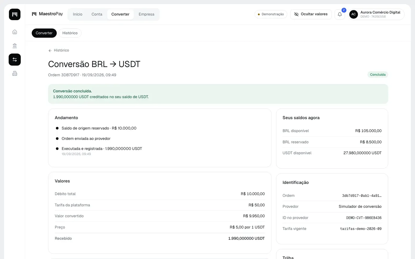 MaestroPay — ordem de conversão BRL → USDT concluída