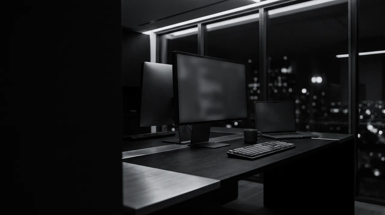 Estação de trabalho de engenharia à noite: monitores, notebook e teclado sobre mesa escura, cidade ao fundo