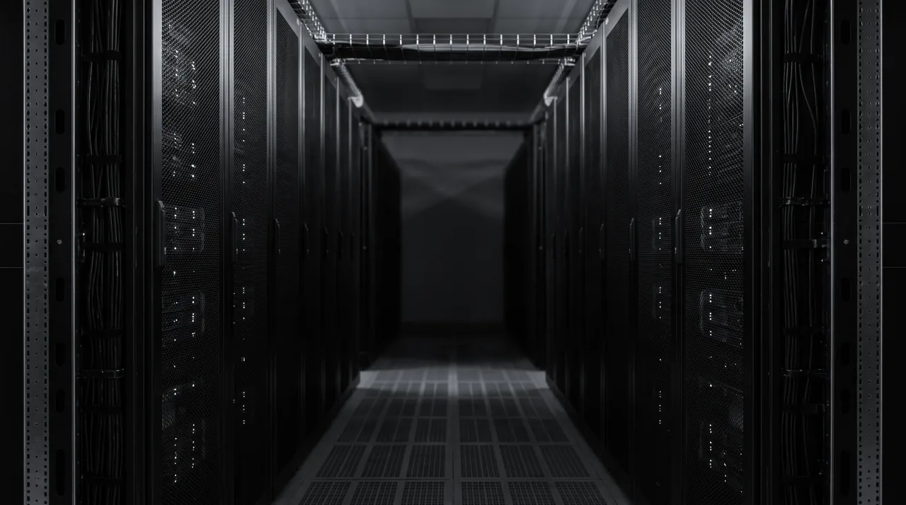 Corredor de datacenter com racks de servidores pretos e pequenas luzes de status brancas